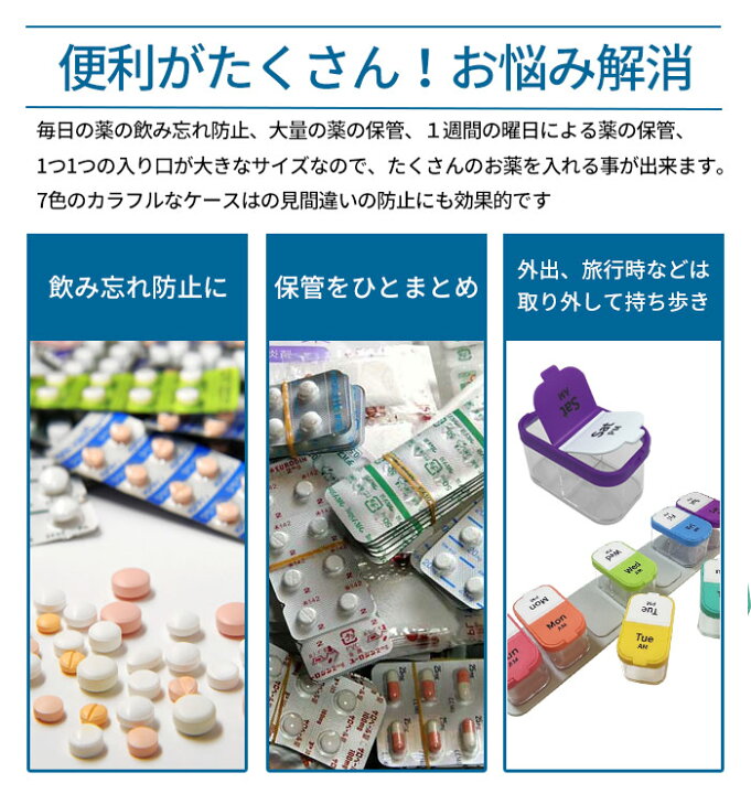 楽天市場 Black Friday 100円クーポン発行中 1週間 薬ケース 1週間分 薬箱 飲み忘れ 大容量 おしゃれ 7日用 サプリメントケース 収納 かわいい ピルケース 薬 入れる カレンダー 薬ポーチ 服薬管理 クスリ箱 くすりケース ミックトレード