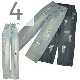 THE Yon ザヨン ダメージ デニム パンツ ジーンズ リボンモチーフ 【中】TY24334 レディース ストレート 綺麗 シルエット 春/夏/秋 ＼定価から50%OFF／