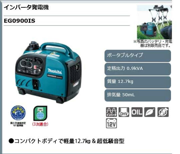 楽天市場】マキタ MAKITA インバーター発電機 ＜EG0900IS＞ 定格0.9kVA 