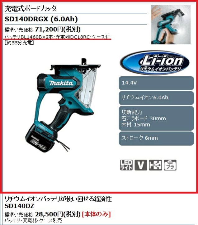 楽天市場】マキタ 充電式全ボードカッター 14.4V 6.0Ah バッテリx2 