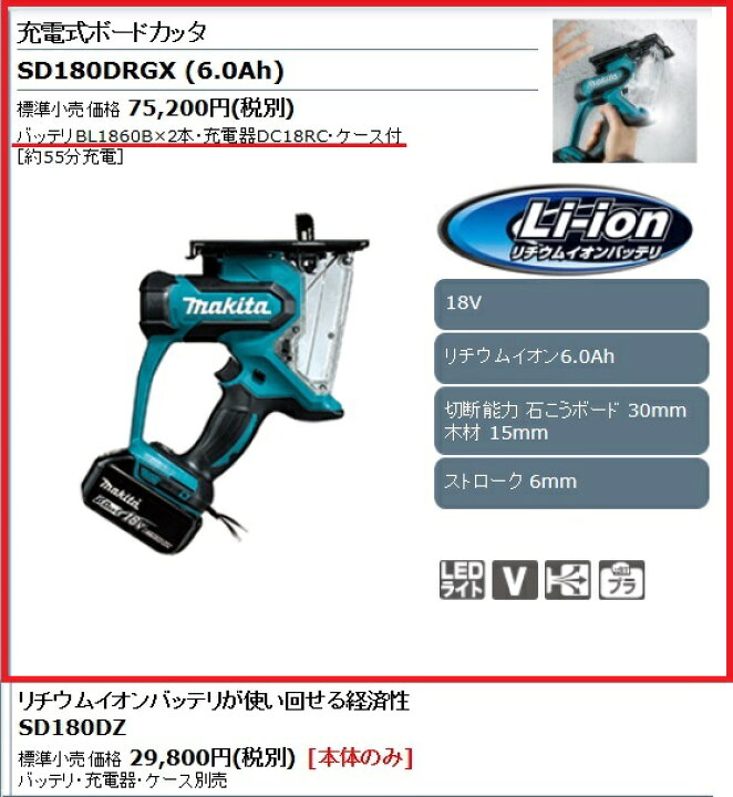 楽天市場】マキタ 充電式全ボードカッター 18V 6.0Ah バッテリx2 充電 