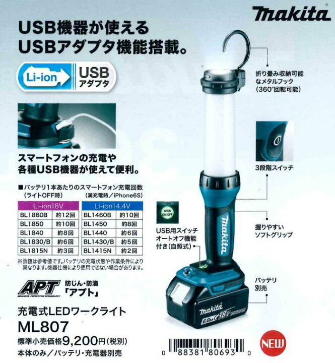 楽天市場】マキタ 充電式LEDワークライト 14.4/18V ＜ML807＞ 本体のみ 