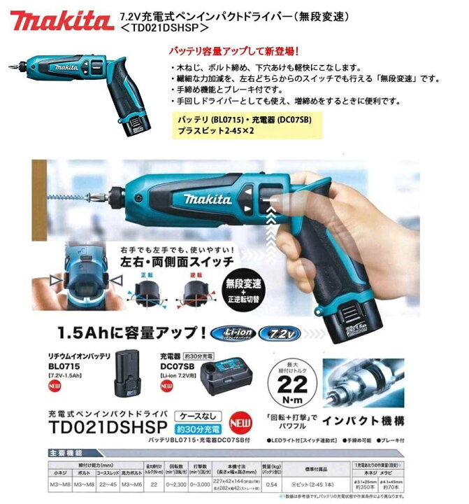 楽天市場】マキタ インパクトドライバー ＜TD021DSHSP＞ 7.2V充電式 