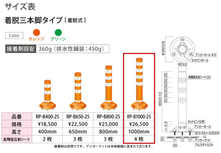 楽天市場 ラウンドポスト 250台座 着脱3本脚タイプ Rp B1000 25 高さ1000mm ベース径 F250 道路 棒 ポール オレンジ グリーン ポストフレックス ロードコーン ガイドポスト ガードコーン ポストコーン ポールコーン ラバーポール 安全ポール ソフトコーン
