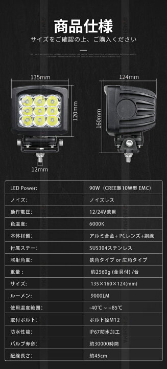 楽天市場】楽天ランキング1位！ 90WハイパワーLED作業灯 12V/24V兼用 