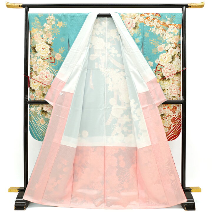 楽天市場】【新品】 振袖 着物 正絹 袷 刺繍 水色 扇子 四季の花 牡丹 