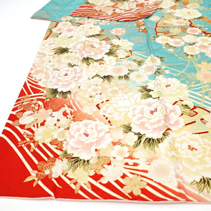 楽天市場】【新品】 振袖 着物 正絹 袷 刺繍 水色 扇子 四季の花 牡丹 