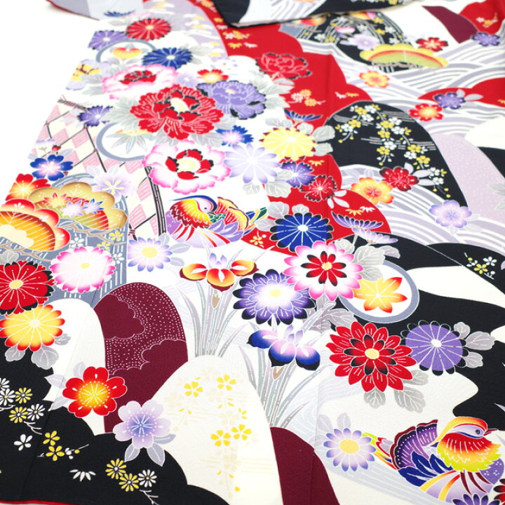 楽天市場】お年玉10％値下げ！【中古】 振袖 袷 着物 紅型調 赤 白 黒 