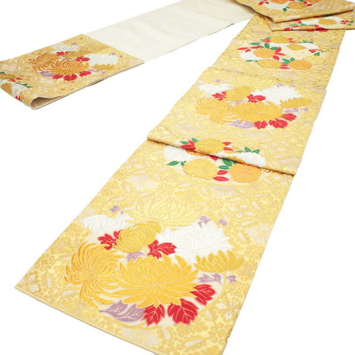 すごい値！袋帯 京都 西陣 正絹 金糸 金箔糸 ゴールド 金色地 四季の花  