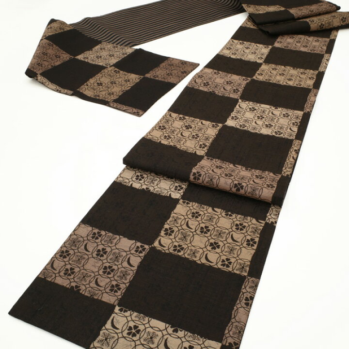 洒落袋帯 まわた紬リバーシブル 焦茶市松/黒縞 ＊FO-181120-1