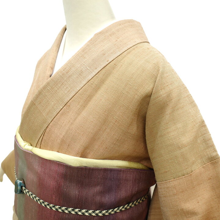 楽天市場】【新古品】 真綿紬 着物 正絹 袷 紬 薄茶色 淡鶯色 横段  
