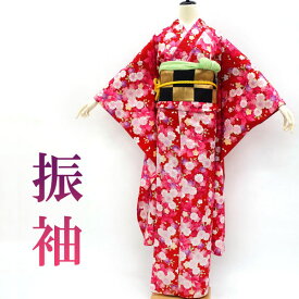 【中古】 振袖 袷 着物 金彩加工 赤 レッド 桜 ツツジ 花柄 ポリエステル 洗える着物 フォーマル 成人式 二十歳 結婚式 結納 パーティーなど 販売 購入 リサイクル 中古 仕立て上がり 身丈171 裄68 Lサイズ みやがわ sb10322