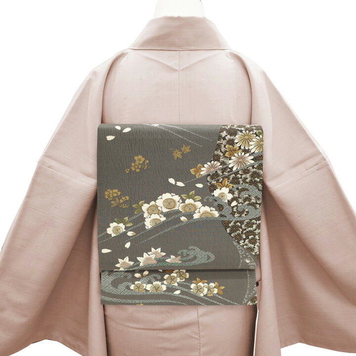 楽天市場】【新古品】 袋帯 未使用 正絹 京都 西陣 銀糸 濃グレー 桜  