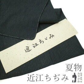 【新品】夏物 単衣 着物 近江ちぢみ 川口織物 綿麻 麻50％ 綿50％ 黒 細縞 日本製 手縫い仕立て 背伏せ仕立て カジュアル 普段着 お出かけ 美品 綺麗 販売 購入 新品 仕立て上がり 身丈164 裄69 Lサイズ みやがわ sb13829