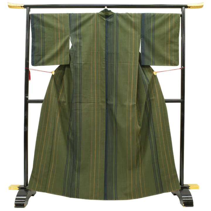 楽天市場】【中古】 紬 着物 正絹 袷 手織り 鶯色 緑 グリーン系 縞 紬  