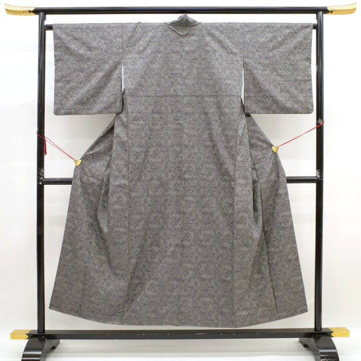 紬 身丈164.5cm 裄丈69.5cm L 袷 袋帯セット 縞 亀甲絣 ベージュ 正絹  