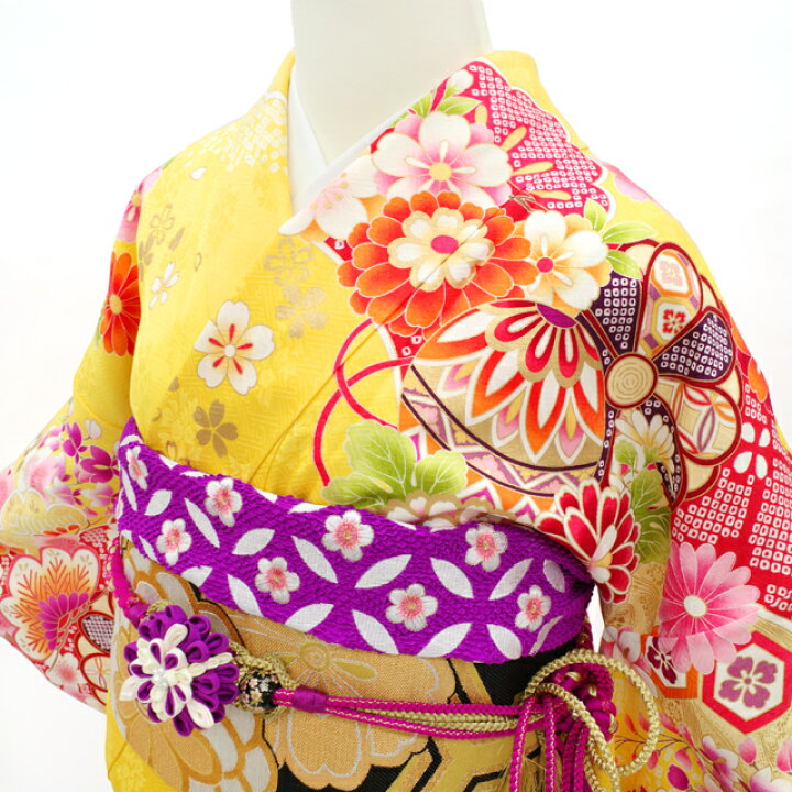 楽天市場】【中古】 振袖 袷 着物 金彩加工 金駒刺繍 正絹 絹 イエロー 