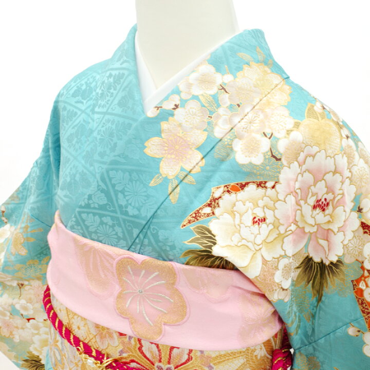 楽天市場】【新品】 振袖 袷 着物 正絹 絹 刺繍 水色 扇 四季の花 牡丹 
