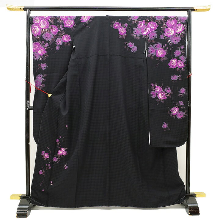 楽天市場】【新品】 振袖 着物 正絹 フォーマル 金彩加工 黒 紫 バラ 