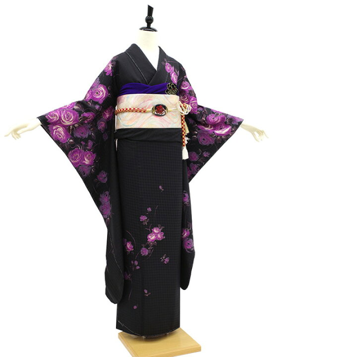 楽天市場】【新品】 振袖 着物 正絹 フォーマル 金彩加工 黒 紫 バラ  