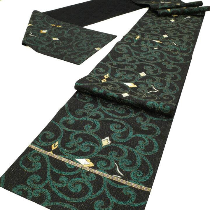 新品！オシャレ！西陣織元 袋帯 黒地 金色葉模様 金銀糸箔使用（楽天 