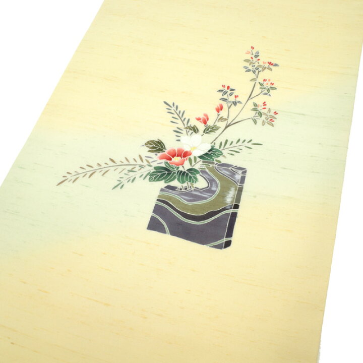 すごい値！名古屋帯 九寸 紬 手染め 正絹 上質 薄黄ベージュ 花活け 花器 
