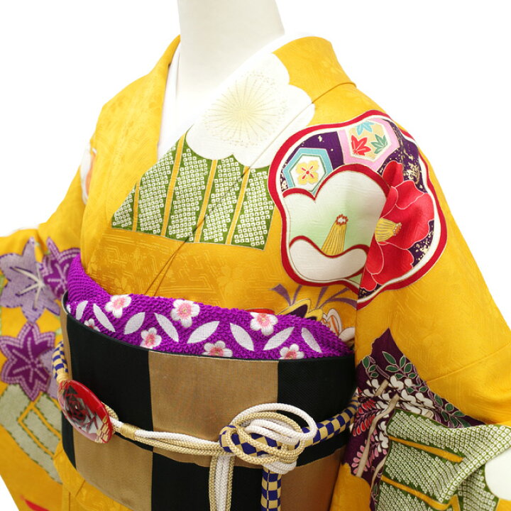楽天市場】【中古】 振袖 リサイクル 着物 正絹 袷 刺繍 山吹色 クロム 