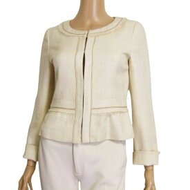 美品【中古】エニィファム any FAM オンワード樫山 ノーカラー ジャケット ツイード フォーマル 表記 2号 M 9号 38号 相当 古着 ベージュ レディース 春 秋 冬 秋冬 アウター ラメ 単品 セレモニー 入学式 入園式 大人 女性 30代 40代 フリンジ 上品
