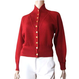 美品【中古】エルメス HERMES カーディガン ウールカーディガン ニットカーディガン イタリア製 小さいサイズ 小さい 表記 S 7号 5号 XS 相当 古着 赤 レッド レディース 秋 冬 秋冬 トップス 毛100 ウール 長袖 ショート丈 クラシカル 金ボタン 大人 女性 40代 50代 60代