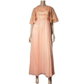 美品【中古】シモンヌ simonne GINZA KAWAMURA フォーマルドレス ロングワンピース パーティードレス カラードレス 表記 9号 M 38号 7号 S 36号 相当 古着 細め サーモンピンク レディース 半袖 ロング 透け感 リボン プリーツ お呼ばれ フォーマル 大人 女性 20代 30代