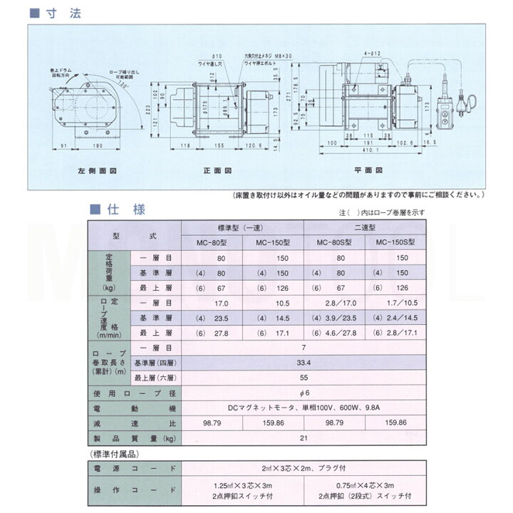 楽天市場】富士製作所 まくべえ~ MC-150型 標準型(一速) 電動ウインチ 
