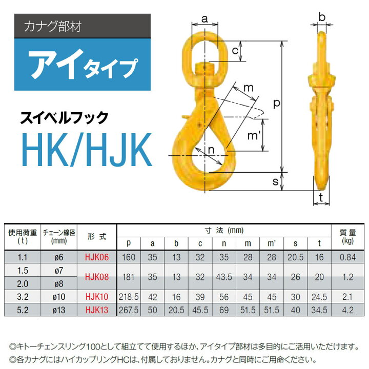 楽天市場】キトー HJK08 ※旧HK2080 スイベルフックHK φ7mm-8mm 使用 