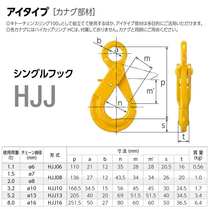 楽天市場】キトー HJJ08 ※旧HJ2080 シングルフックHJ φ7mm-8mm 使用 