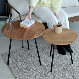ネストテーブル 大小テーブルセット木製 サイドテーブル カフェテーブル ローテーブル φ500 φ400 オーク アイアン MTS-192
