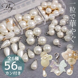 カン付き 6種 セット 56個入 パール チャーム ミックス ゴールド シルバー ■ 2色 金 銀 しずく パーツ ケース 入り 小 ミニ レジン ビーズ アクセサリー ヘアゴム ピアス 推し活 可愛い おしゃれ 手芸 ハンドメイド 手作り ■