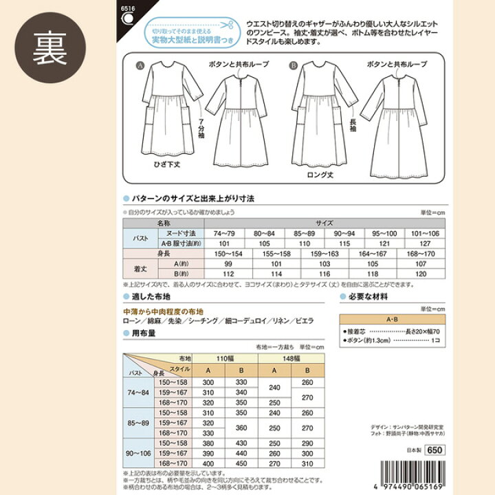 楽天市場】型紙 パターン 取説付き ウエスト ギャザー ワンピース 