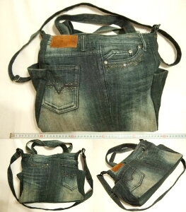 横浜最新 魅惑のデニム手提げ&ショルダーツーウェイバッグ紺黒♪リメイクオリジナルバッグ 横巾35cm 縦30cm マチ12cm底板付 送料無料23