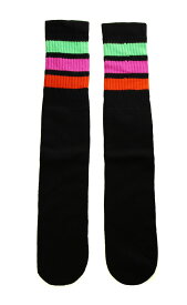SkaterSocks (スケーターソックス) ロングソックス 靴下 男女兼用 ソックス チューブソックス Knee high Black tube socks with Neon Green-Hot Pink-Orange stripes style 1 (22インチ) スケボー SK8 SKATE スケートボード
