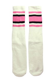 SkaterSocks ロングソックス 靴下 男女兼用 ソックス スケボー チューブソックス Knee high White tube socks with BubbleGum Pink-Black stripes style 4 (22インチ) SKATE SK8