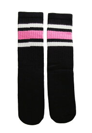 SkaterSocks (スケーターソックス) キッズ 子供 ロングソックス 靴下 ソックス チューブソックス Kids Black tube socks with White-BubbleGum Pink stripes style 3 (14インチ) スケボー SK8 SKATE スケートボード