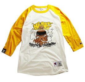 NINJA X (ニンジャエックス) US Champion (T137) ベースボールシャツ 8分袖 ラグランTシャツ Original Baseball Shirt Raglan sleeve チャンピオン WHITE × C GOLD
