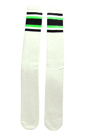 SkaterSocks ロングソックス 靴下 男女兼用 ハイソックス スケート スケボー チューブソックス Over the knee White tube socks with Black-Neon Green stripes style 4 (30インチ) SKATE SK8