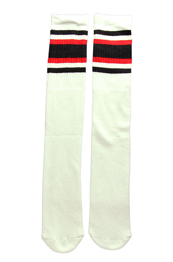 SkaterSocks ロングソックス 靴下 男女兼用 ハイソックス スケート スケボー チューブソックス Knee high White tube socks with Black-Red stripes style (25インチ) SKATE SK8 (B)