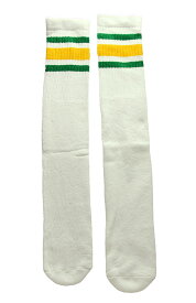 SkaterSocks ロングソックス 靴下 男女兼用 ソックス スケート スケボー チューブソックス Knee high White tube socks with Green-Gold stripes style 3 (25Inch/25インチ) SK8 SKATE スケートボード