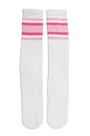 SkaterSocks (スケーターソックス) ロングソックス 靴下 男女兼用 ソックス チューブソックス Knee high White tube socks with Baby Pink-BubbleGum Pink stripes style 4 (25インチ) スケボー SK8 SKATE スケートボード
