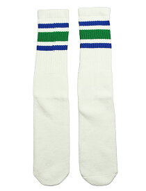 SkaterSocks ロングソックス 靴下 男女兼用 ソックス スケート スケボー チューブソックス Knee high White tube socks with Royal Blue-Green stripes style 3 (22インチ) SKATE SK8