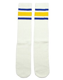 SkaterSocks ロングソックス 靴下 男女兼用 ソックス スケート スケボー チューブソックス Knee high White tube socks with Royal Blue-Gold stripes style 3 (22インチ) SKATE SK8