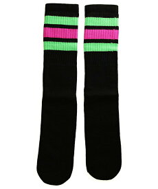 SkaterSocks ロングソックス 靴下 男女兼用 ソックス スケボー チューブソックス Knee high Black tube socks with Neon Green-Hot Pink stripes style 1 (22インチ) SKATE SK8 スケートボード