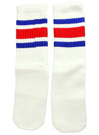SkaterSocks キッズ 子供 ロングソックス 靴下 ソックス スケート スケボー チューブソックス Kids White tube socks with Royal Blue-Red stripes style 3 (14インチ) SKATE SK8