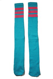 SkaterSocks (スケーターソックス) ロングソックス 靴下 男女兼用 ソックス スケボー チューブソックス Over the knee Aqua tube socks with BubbleGum Pink stripes style 1 (30インチ) SKATE SK8 スケートボード